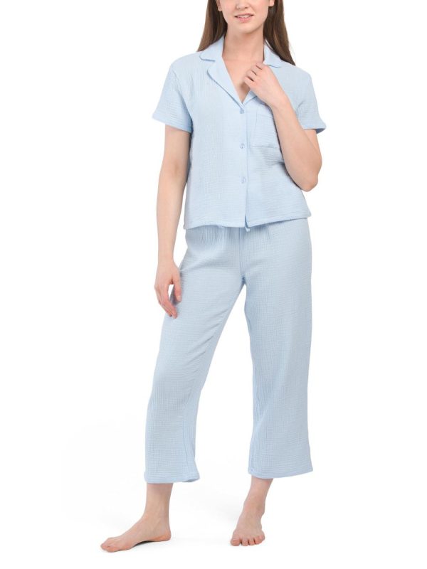 Women Crinkle Gauze Boxy Top And Wide Cropped Pants Pajama Set | Sleepwear & Lingerie