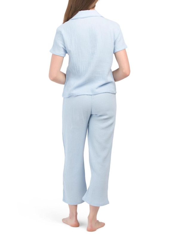 Women Crinkle Gauze Boxy Top And Wide Cropped Pants Pajama Set | Sleepwear & Lingerie