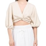 Women Linen Blend Twist Front Crop Top | Tops