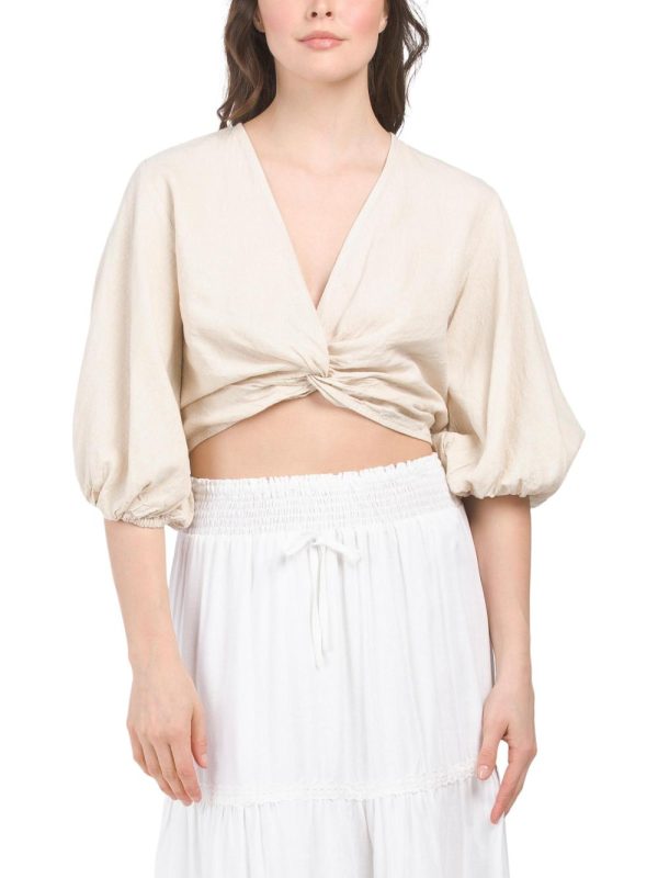 Women Linen Blend Twist Front Crop Top | Tops