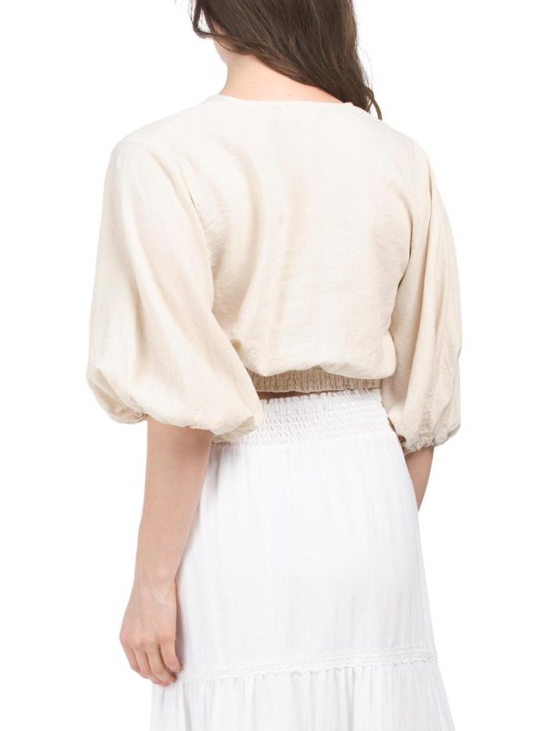 Women Linen Blend Twist Front Crop Top | Tops